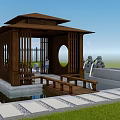 Traditional Wooden Gazebo In Garden With Pond Fountains Lawn And Stone Path