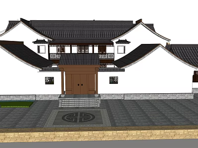 Traditional Chinese Ancient Architecture With Classic Roof Overhanging Eaves White Walls And Wooden Door 3d model