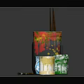 Colorful Paintbrushes Stored in Jar with Open Blue Green Yellow Paint Tubs and Splatters