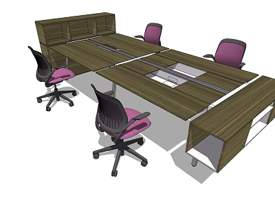 Modern Wooden Office Conference Desk With Black Back Pink Seat Wheeled Chairs 3d model