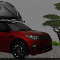 Red SUV Featuring Transparent Roof Tent Parked By Pine Trees And Green Grass