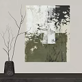 Abstract Painting With Green White Black Tones And Vase With Branches On Light Colored Wall