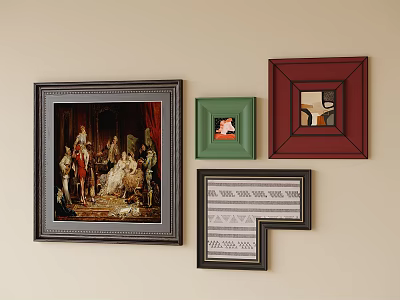 Abstract Painting Centerpiece with Red Green Black Frames on Beige Wall 3d model