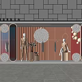 Elegant Shop Window Display With Mannequins Clothing Circular Decorations And Geometric Patterns