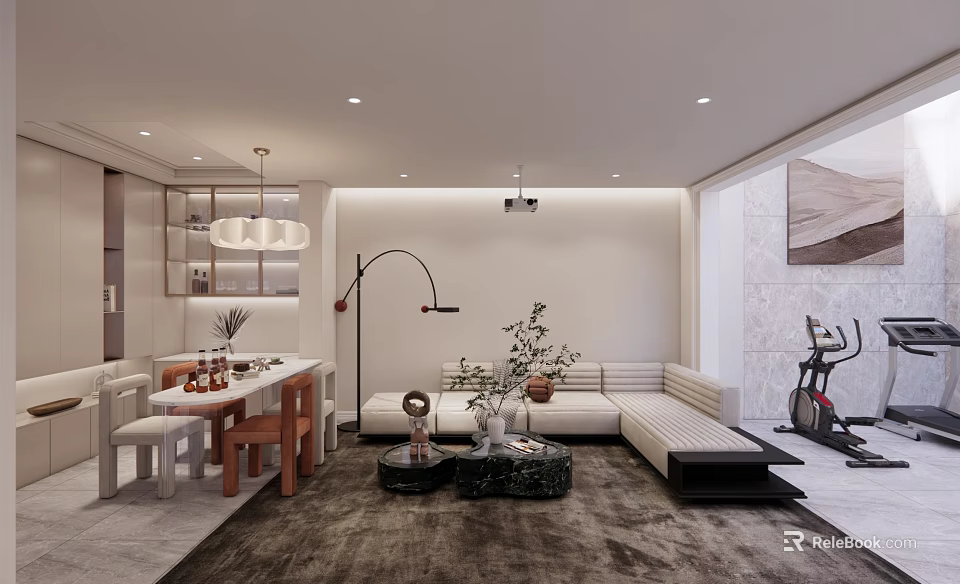 Modern Home Theater Interior With Leather Sofa Projector Area Rug And Floor Lamp 3d model 