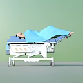 Medical Stretcher Trolley with Patient Lying on Blue Blanket and Movable Wheels
