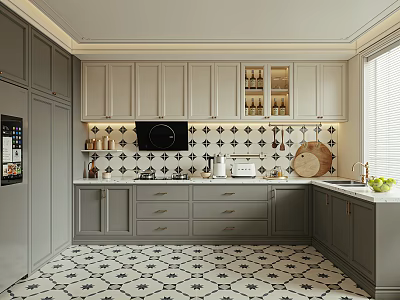 Contemporary Kitchen With Grey Cabinets Black White Patterned Floor White Counter Oven And Window Blinds 3d model
