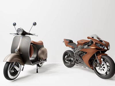 Two Different Motorcycles Scooter And Sport Bike In Gray Brown Copper Colors On White Background 3d model