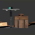 Rustic Wooden Table With Metal Frame Wooden Crate Colorful Blocks Black Cylinder And Curved Plank