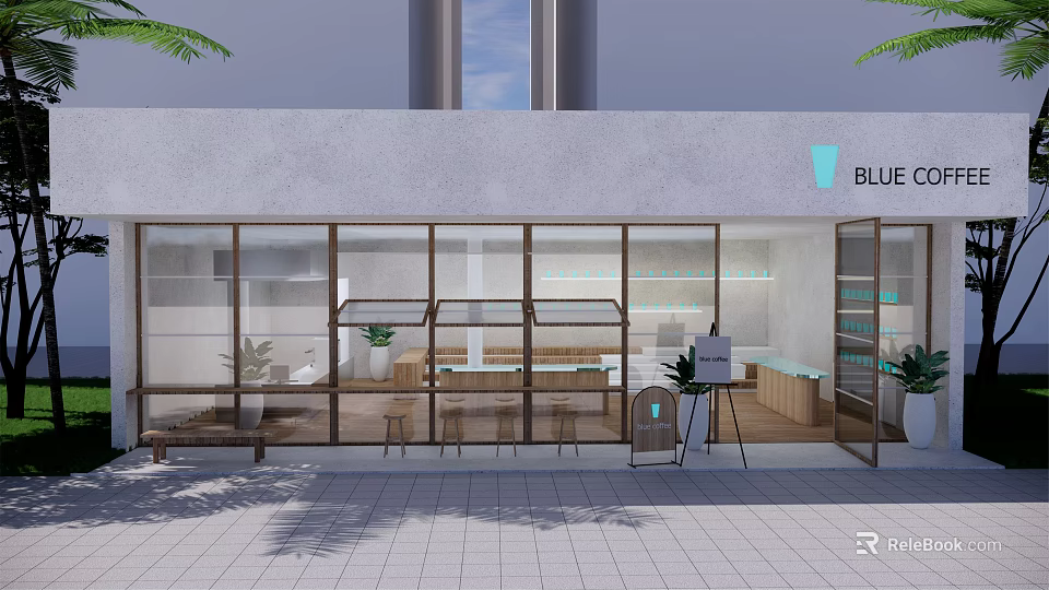 Blue Café Exterior View With Glass Windows Tables Chairs And Potted Plants On Paved Ground 3d model 