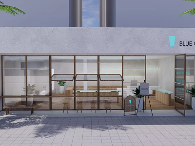 Blue Café Exterior View With Glass Windows Tables Chairs And Potted Plants On Paved Ground 3d model