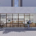Blue Café Exterior View With Glass Windows Tables Chairs And Potted Plants On Paved Ground