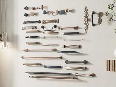 Various Modern Stylish Door Handles Collection Display On Wall For Home Decor 3d model