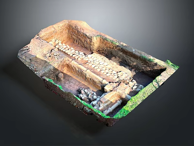 Detailed Ancient Stone Carving Model with Pathway and Green Vegetation Elements 3d model