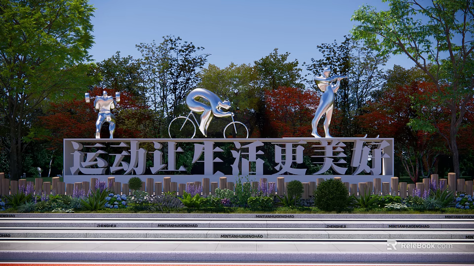 Sports Themed Silver Sculptures Featuring Athletic Figures in Outdoor Park Setting Promoting Healthier Lifestyle 3d model 