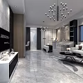 Modern Hotel Room Interior Featuring Bed White Linens Chandelier Lighting And Marble Flooring