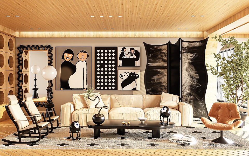 Modern Living Room With Wooden Ceiling Beige Sofa Black Coffee Table Decorative Paintings And Screen 3d model 