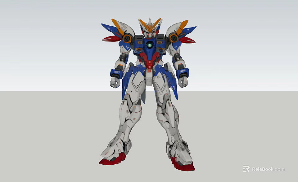Detailed Mechanical Robot Figure With Blue White Red Orange Armor And Wings 3d model 