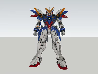 Detailed Mechanical Robot Figure With Blue White Red Orange Armor And Wings 3d model