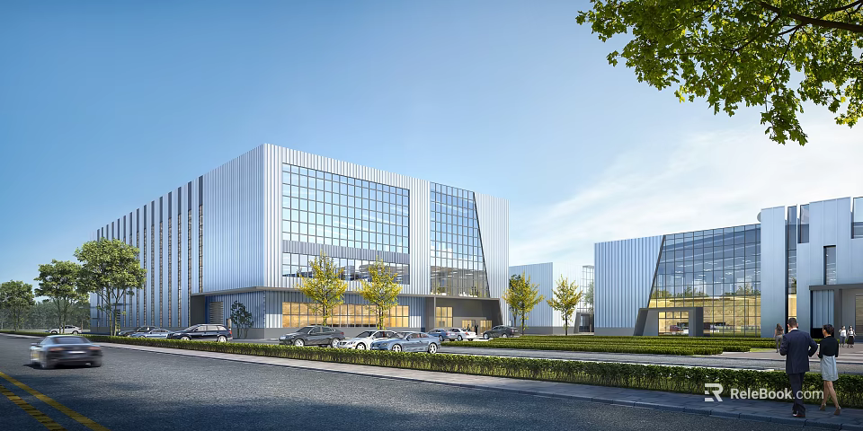 Modern Office Building Exterior With Glass Curtain Wall Landscaped Lawn And Parking Cars 3d model 