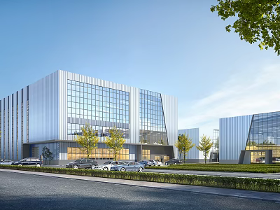 Modern Office Building Exterior With Glass Curtain Wall Landscaped Lawn And Parking Cars 3d model