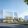 Modern Office Building Exterior With Glass Curtain Wall Landscaped Lawn And Parking Cars