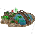Water Fountain Landscape with Wooden Bridge Pebble Ground and Green Plants