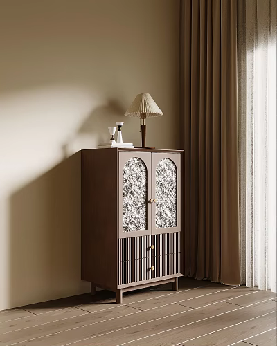 Modern Entryway Cabinet Sideboard With Glass Doors Table Lamp And Decorative Items 3d model