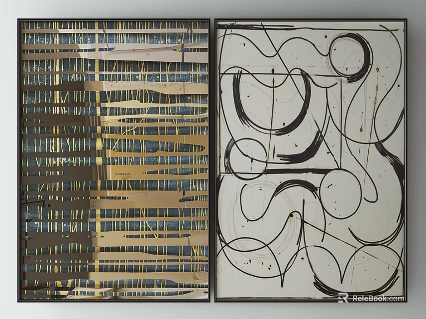 Two Abstract Wall Art Pieces With Gold Blue Stripes And Black Curves 3d model 