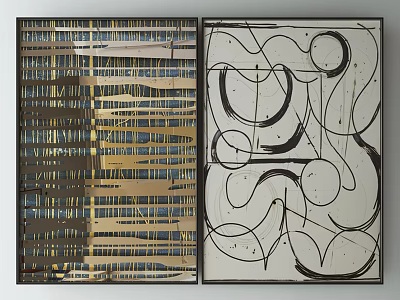 Two Abstract Wall Art Pieces With Gold Blue Stripes And Black Curves 3d model