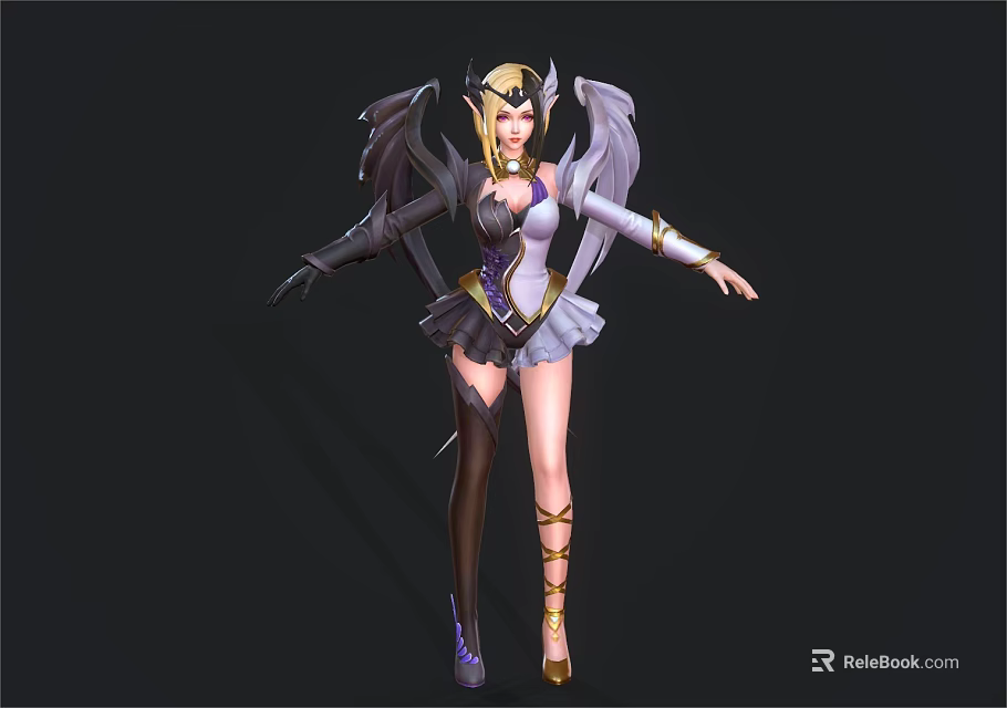 Fantasy Woman With Golden Helmet White Armor Skirt Black Wings And Outstretched Arms 3d model 