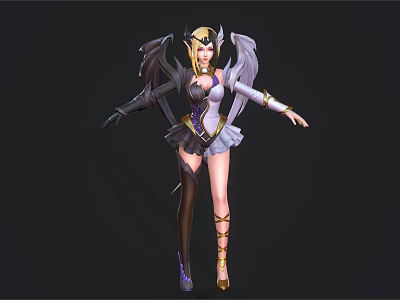 Fantasy Woman With Golden Helmet White Armor Skirt Black Wings And Outstretched Arms 3d model
