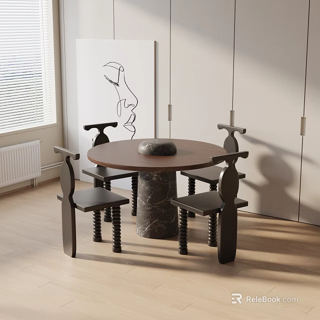 Modern Round Dining Set with Wooden Tabletop Marble Legs and Four Unique Chairs 3d model 