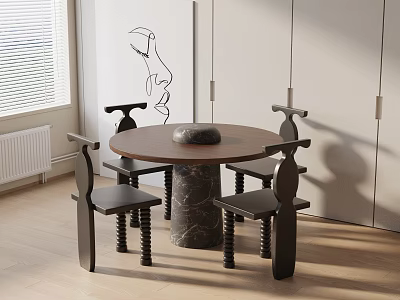 Modern Round Dining Set with Wooden Tabletop Marble Legs and Four Unique Chairs 3d model