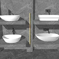 Modern Bathroom Interior With White Washbasins On Gray Marble Floating Shelves And Warm Lighting