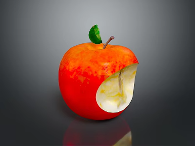 Red Bitten Apple with Green Leaf Stem and Yellow Flesh on Dark Background with Reflection 3d model