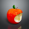 Red Bitten Apple with Green Leaf Stem and Yellow Flesh on Dark Background with Reflection