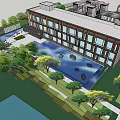 Modern Sales Office Building With Reflecting Pool And Lush Landscaped Gardens