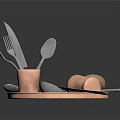 Copper Tableware Set With Knife Fork Spoon Cups And Tray On Reflective Surface 3d model