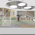 Modern Kindergarten Interior With Children's Activity Area Staircase Round Ceiling Lights Track And Wooden Elements