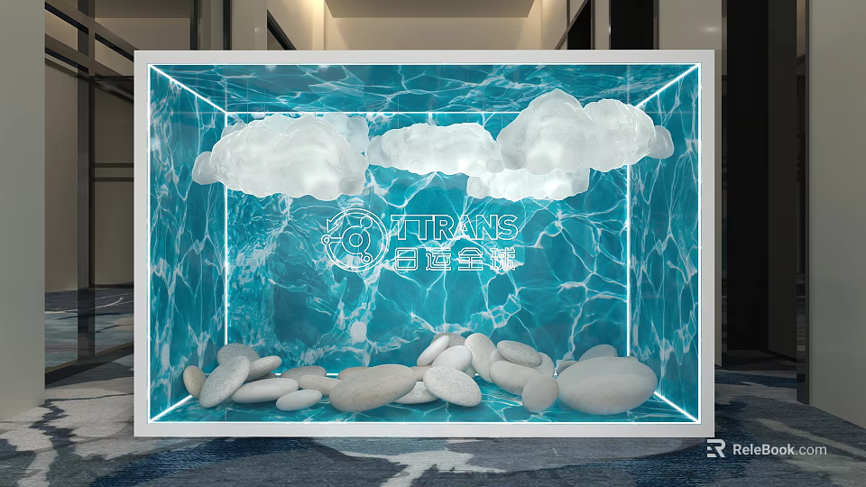 Instagrammable Photo Check in Spot Featuring Blue Transparent Cube White Clouds And White Pebbles 3d model 