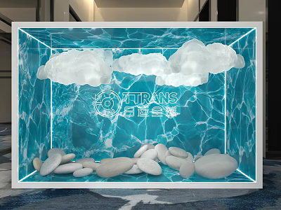 Instagrammable Photo Check in Spot Featuring Blue Transparent Cube White Clouds And White Pebbles 3d model