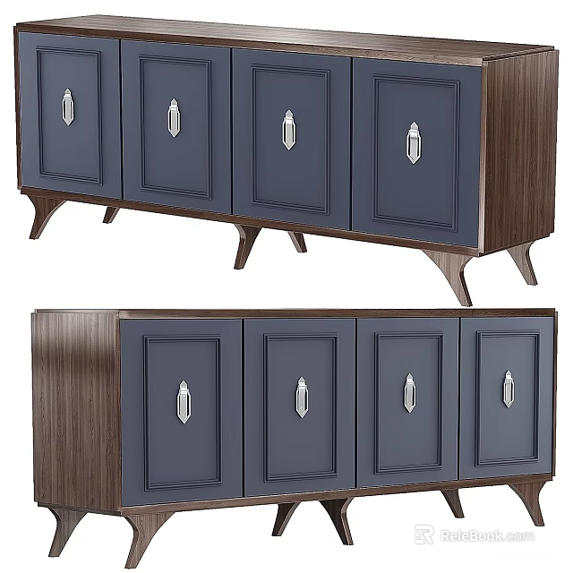 Modern TV Stand With Blue Cabinet Doors Wooden Frame And Silver Metal Handles 3d model 