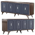 Modern TV Stand With Blue Cabinet Doors Wooden Frame And Silver Metal Handles