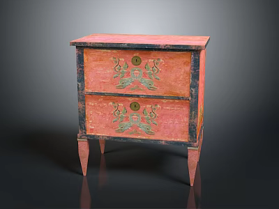Vintage Pink Chest Of Drawers With Green Decorations And Slender Legs 3d model
