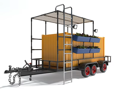 Trailer Equipped With Metal Frame Planter Boxes Ladder And Red Wheels 3d model