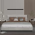Double Bed With Upholstered Headboard Plush Pillows Nightstands Lamps Striped Wall Panels And Patterned Rug