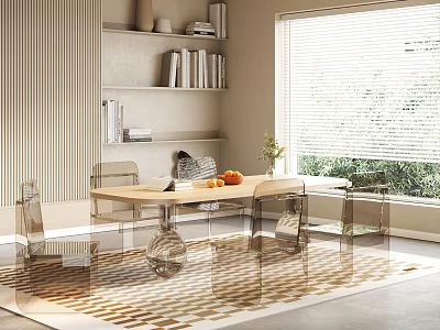 Modern Dining Table Set With Transparent Chairs Geometric Rug And Green Plants By Window Blinds 3d model