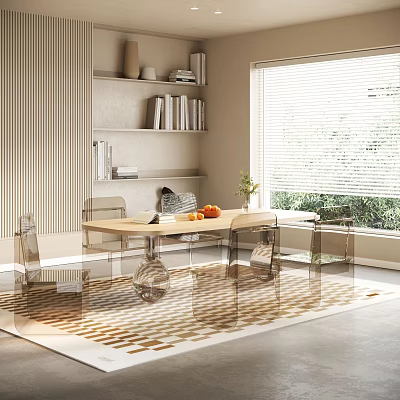 Modern Dining Table Set With Transparent Chairs Geometric Rug And Green Plants By Window Blinds 3d model