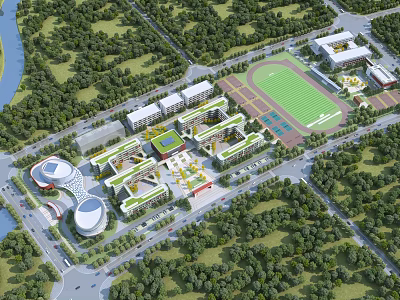 Modern School Campus Buildings With Lush Green Trees And Sports Field Facilities 3d model
